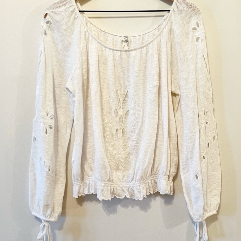 Free People Long Sleeve Ivory Cut Out And Embroidered Top